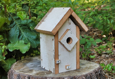 Side view of the White Peak Roof Blue Birdhouse