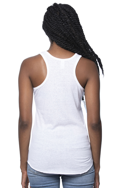Back View of Women's Tri-blend Racerback Tank Top in White From Harvest Array
