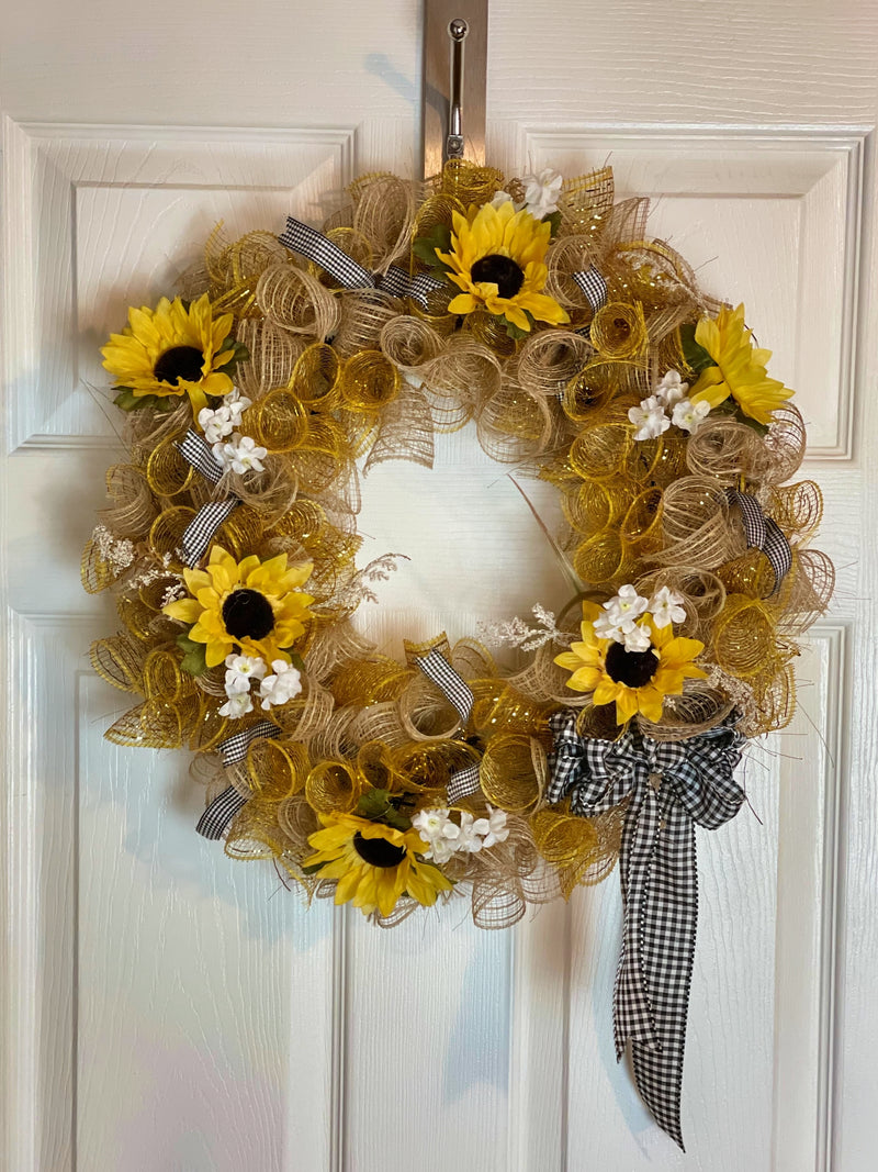 Handmade Deco Mesh Wreath with Sunflowers