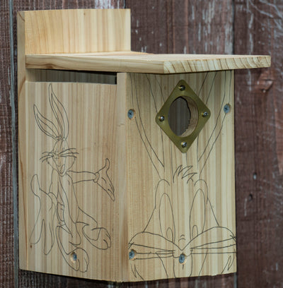 Side view of Bugs Bunny Cedar Wood Nesting Box Birdhouse Kits for Kids with Paint Set for Bluebird, Titmouse, or Wrens
