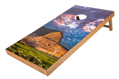 Barn with mountain on antique mahogany frame Polywood Corn Hole Boards