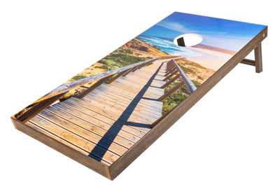 Beach walkway on Brazilian wood frame Polywood Corn Hole Boards