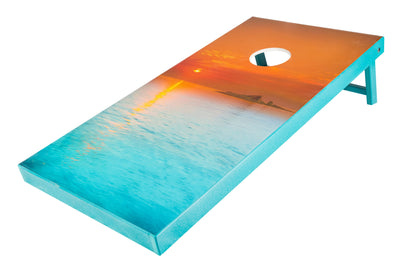 Sunset island on aqua blue frame Polywood Corn Hole Boards