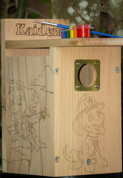 Personalized Cedar Wood Nesting Box/Birdhouse kit for kids including outline of favorite characters and child's name with paints and brush included
