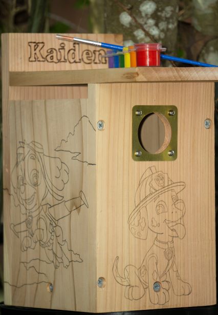 Personalized Cedar Wood Nesting Box/Birdhouse kit for kids including outline of favorite characters and child&