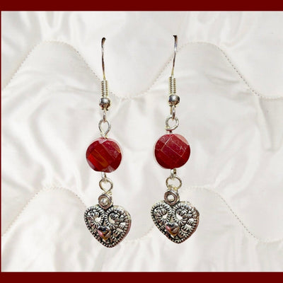 Silver Heart Charm Dangle Earrings with Large Red Accent Beads.