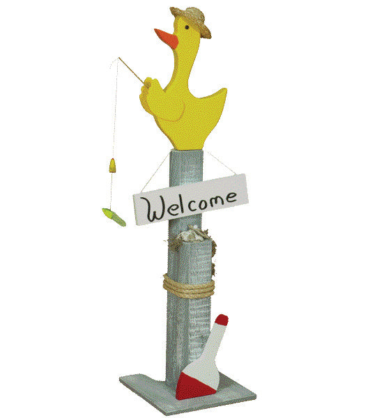 Amish made Welcome Sign on a Pier Post with Yellow Duck in hat fishing on Top