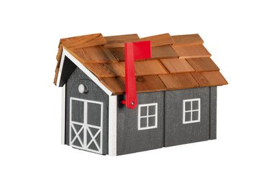 Dark Gray and White Wooden Mailbox with Cedar Roof