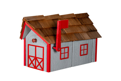 Gray and cardinal red wooden mailbox with cedar roof from Harvest Array