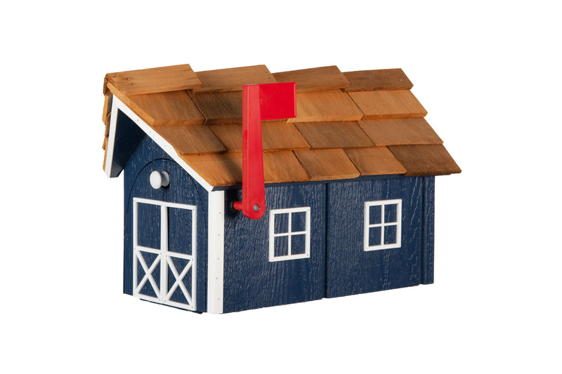 Patriot Blue and White Wooden Mailbox with Cedar Roof